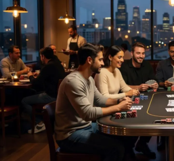 Lidé kolem pokerového stolu v moderním městském podniku