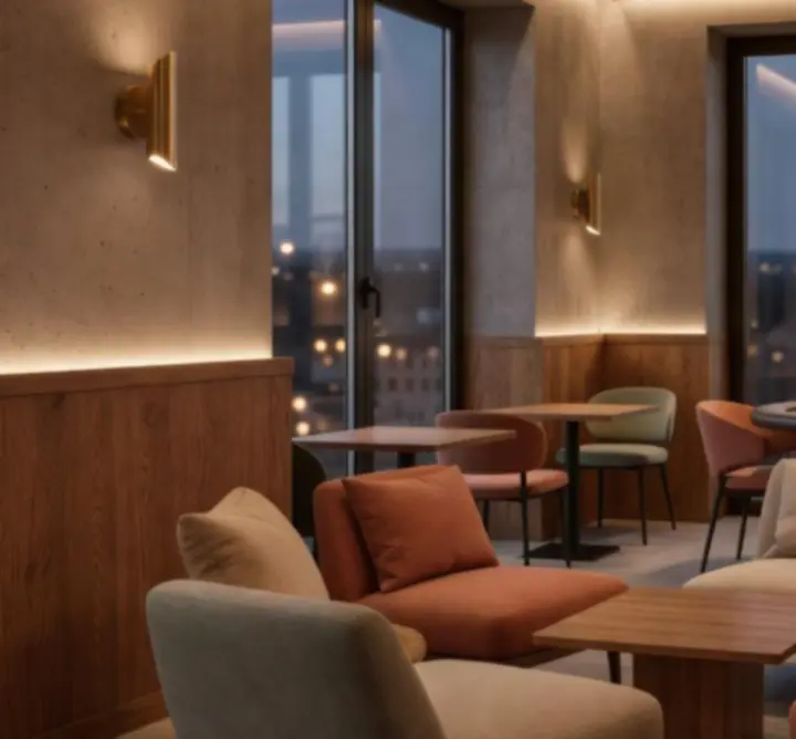 Moderní městský interiér restaurace a společenského klubu MESTSKY PROGRAM