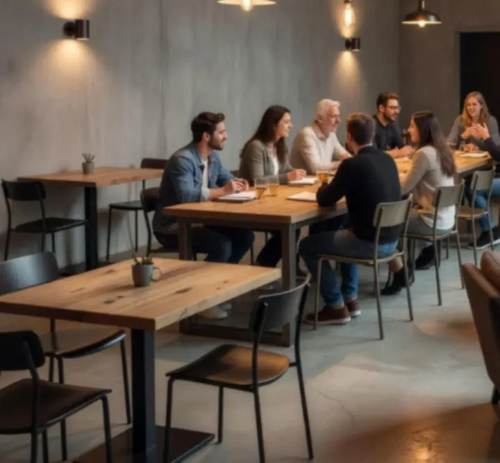 Různé možnosti sezení v městské restauraci – komunitní stoly, menší stolky a lounge zóna
